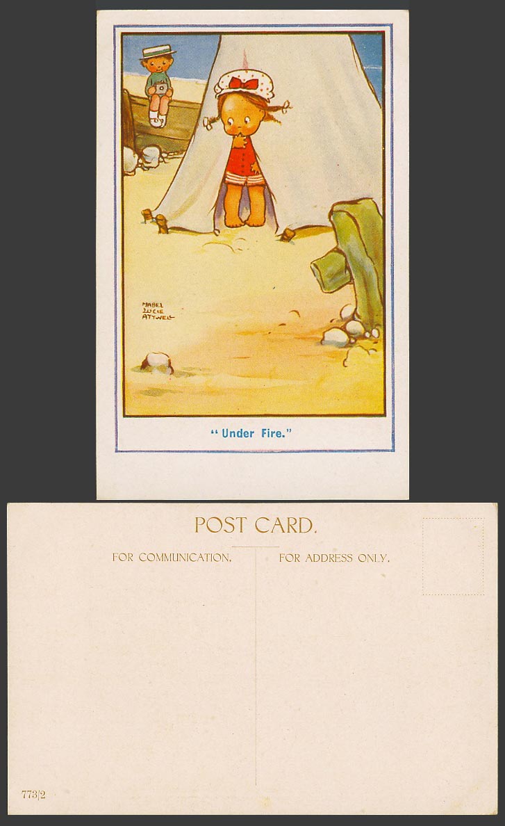 MABEL LUCIE ATTWELL Old Postcard Under Fire Children Beach Tent Boy Camera 773/2