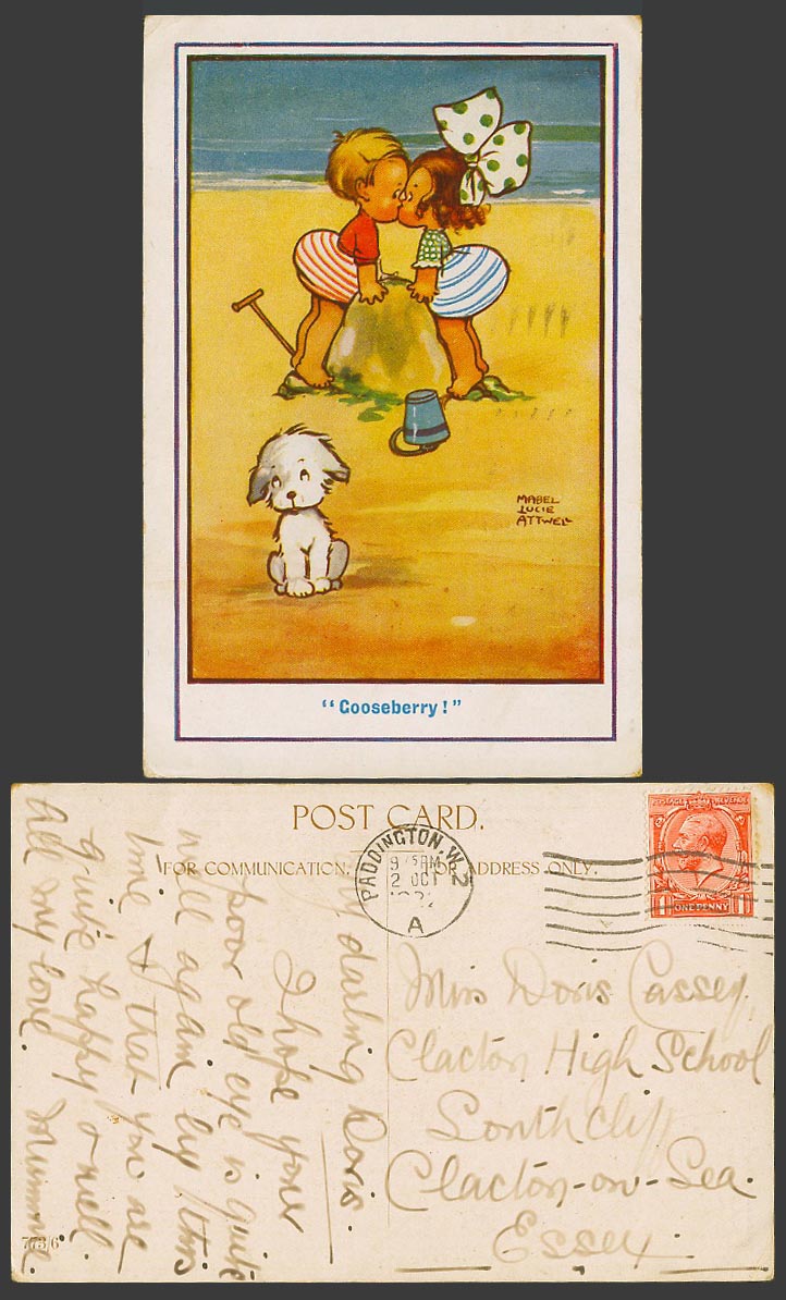 MABEL LUCIE ATTWELL Old Postcard Gooseberry! Dog Boy Girl Kissing on Beach 773/6