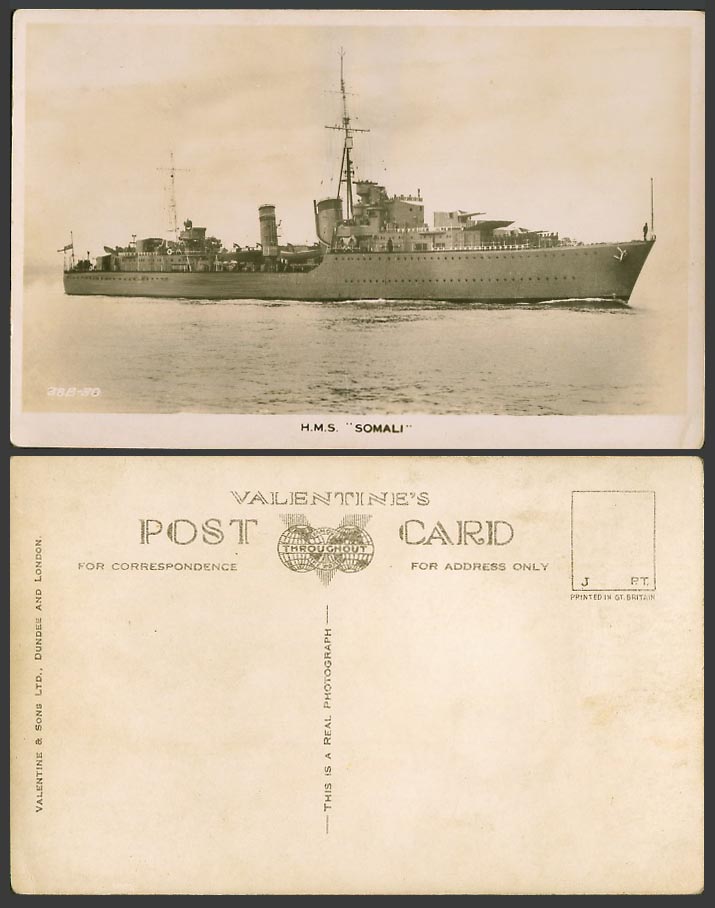 H.M.S. Somali, British Royal Navy Destroyer Warship Ship Old Real Photo Postcard