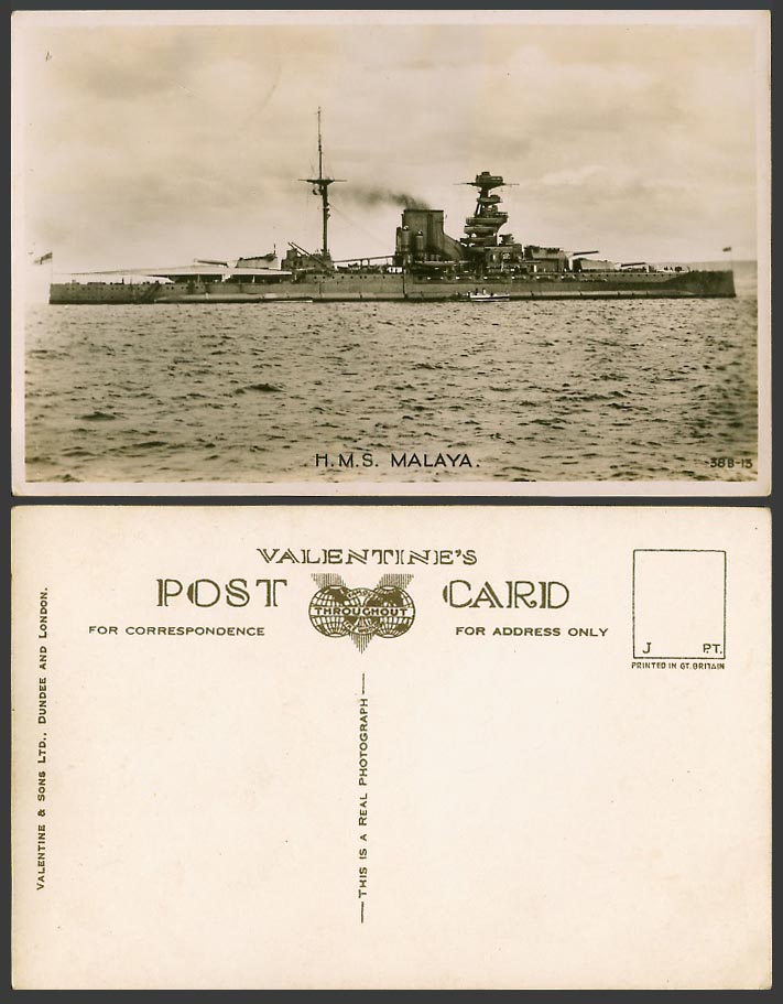 H.M.S. Malaya Royal Navy Queen Elizabeth-Class Battleship Ship Old R.P/ Postcard