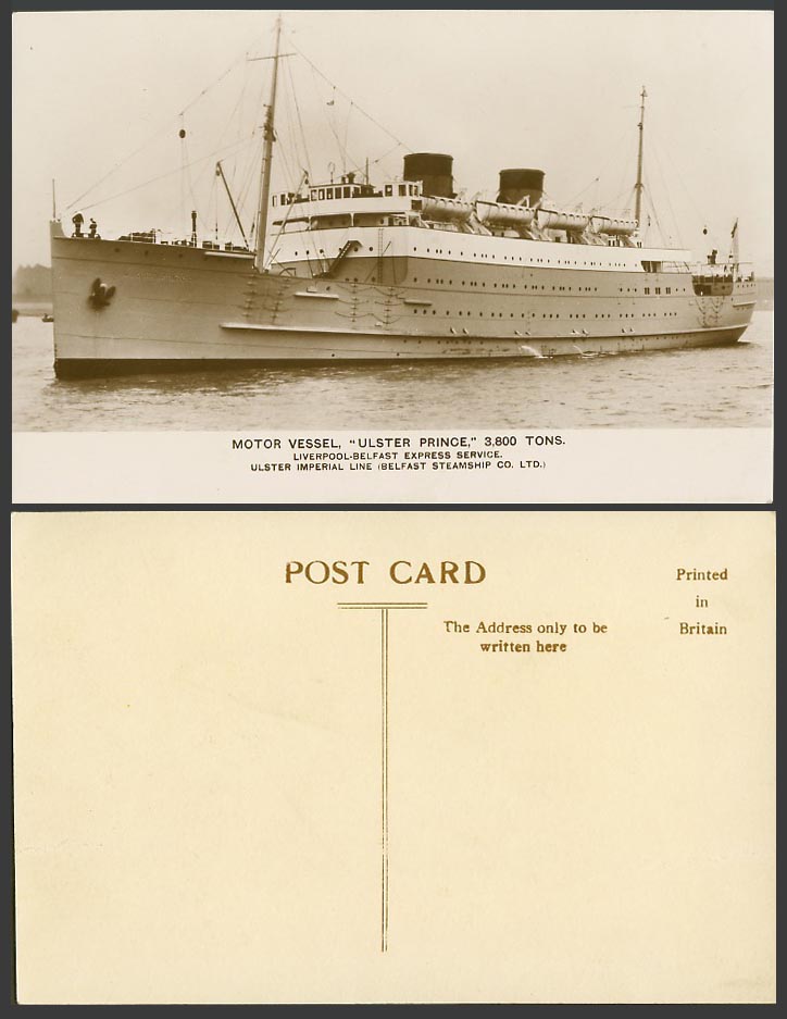 Motor Vessel ULSTER PRINCE Ship Liverpool - Belfast Express Service Old Postcard