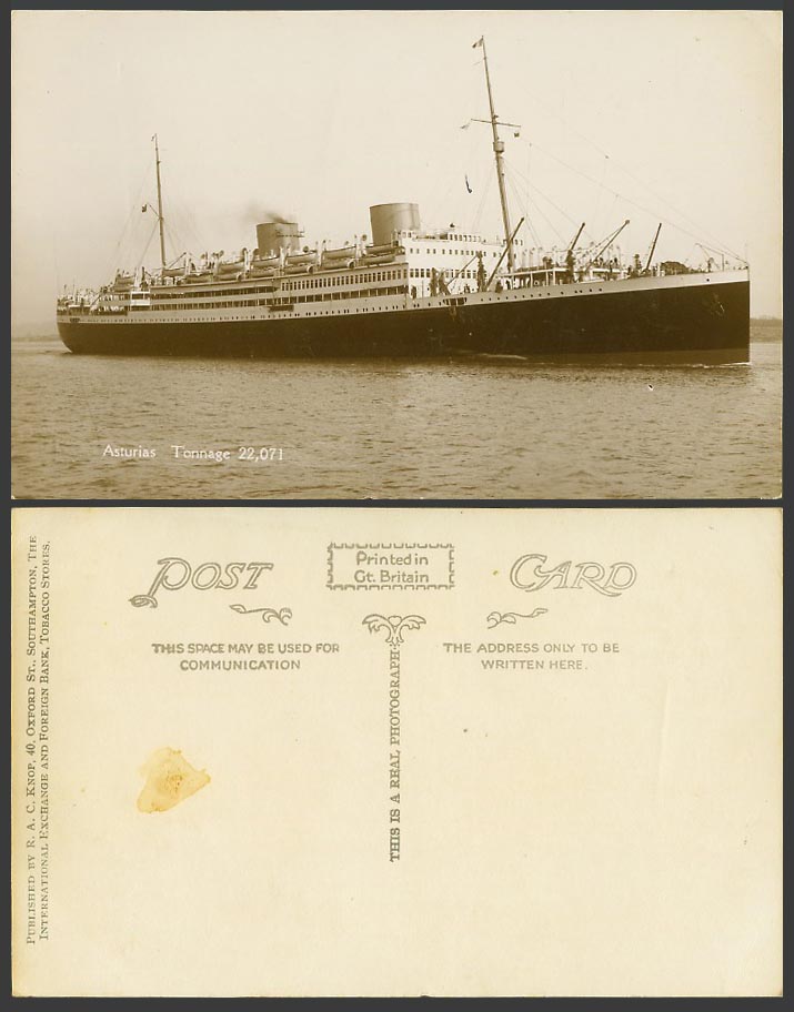 R.M.S. Asturias Royal Mail Steamer Steam Ship 22,071 Ton Old Real Photo Postcard