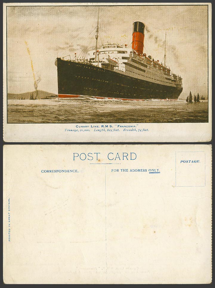 Cunard Line R.M.S. Franconia, Royal Mail Steamer, Steam Ship, Boats Old Postcard
