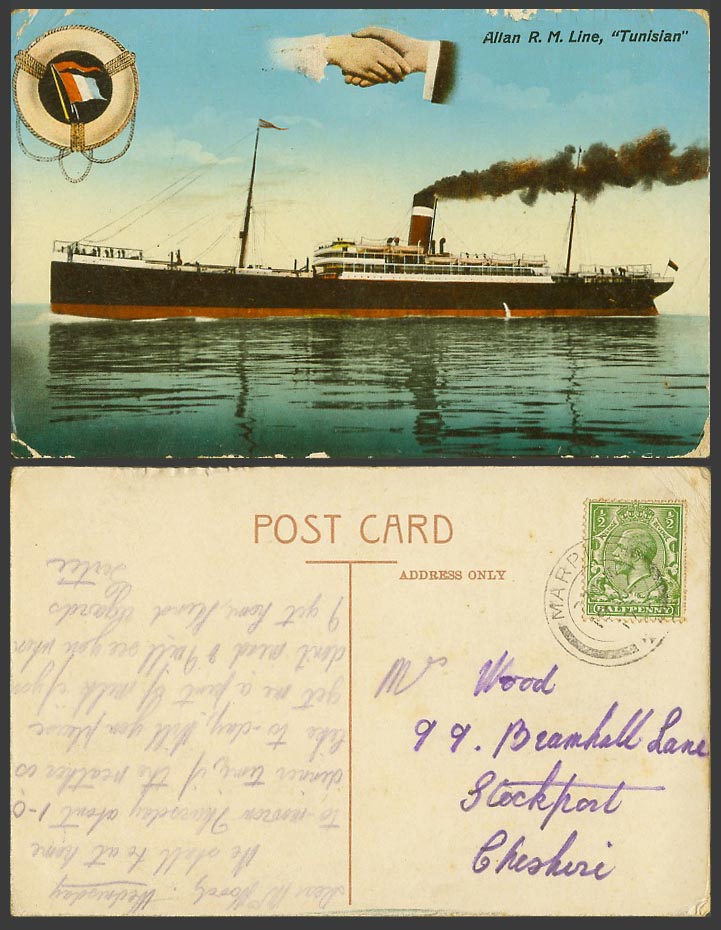 Hands Across the Sea, Allan R.M. Line Tunisian Steam Ship Flag 1917 Old Postcard