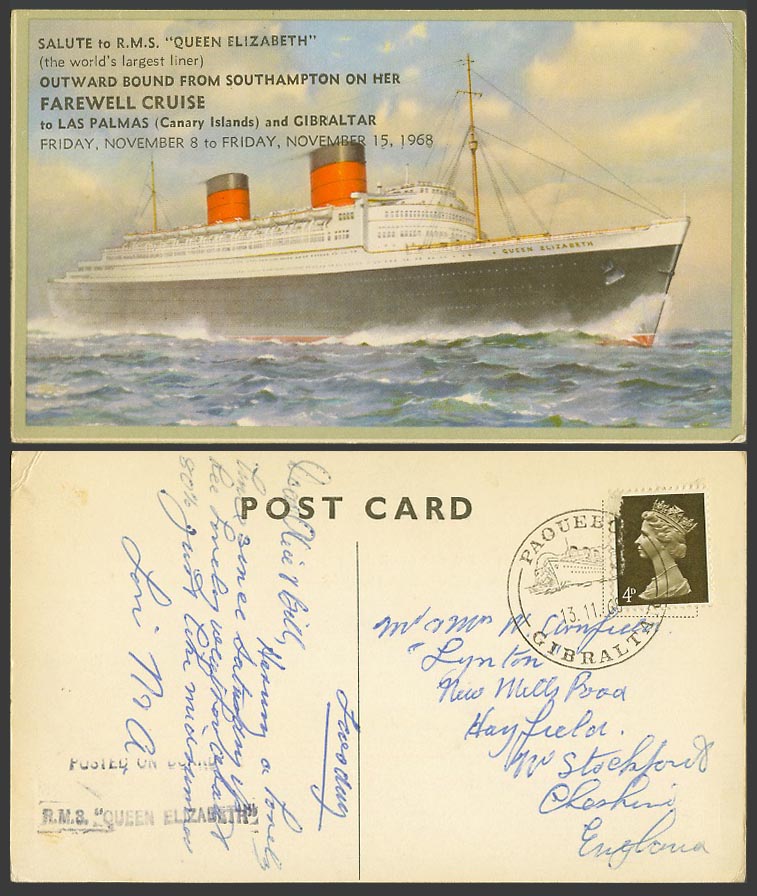 R.M.S. Queen Elizabeth Steamer Ship, Farewell Cruise, PAQUEBOT 1968 Old Postcard