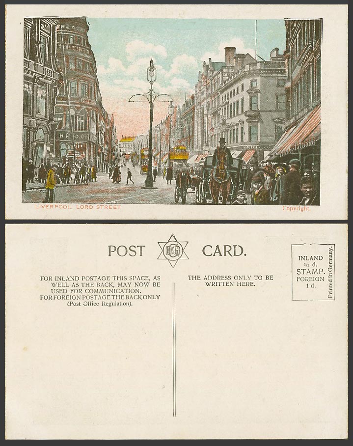Liverpool Old Colour Postcard Lord Street Scene, TRAM Tramway, Shops Horse Carts