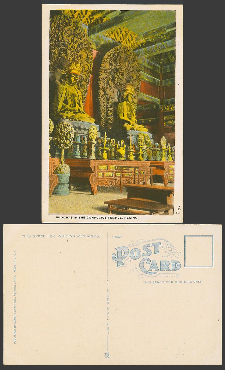 China Old Colour Postcard Buddhas in The Confucius Temple Interior, Peking Pekin