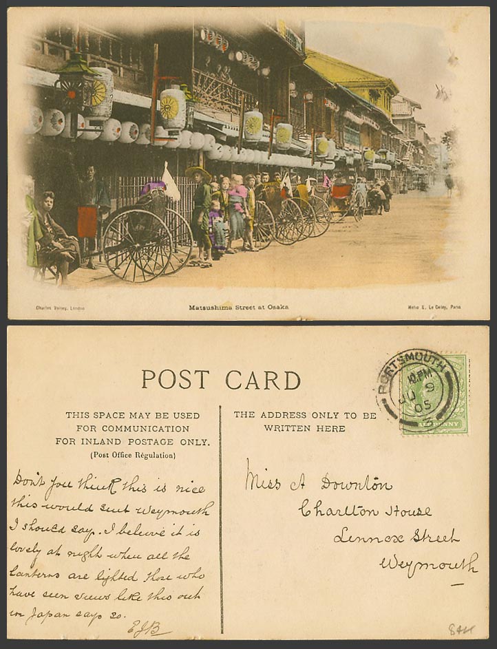 Japan 1905 Old Hand Tinted Postcard Matsushima Street Scene, Osaka, Geisha Girls