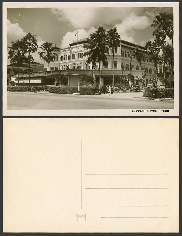 Singapore Old Real Photo Postcard RAFFLES HOTEL Street Tricycle Travellers Palms
