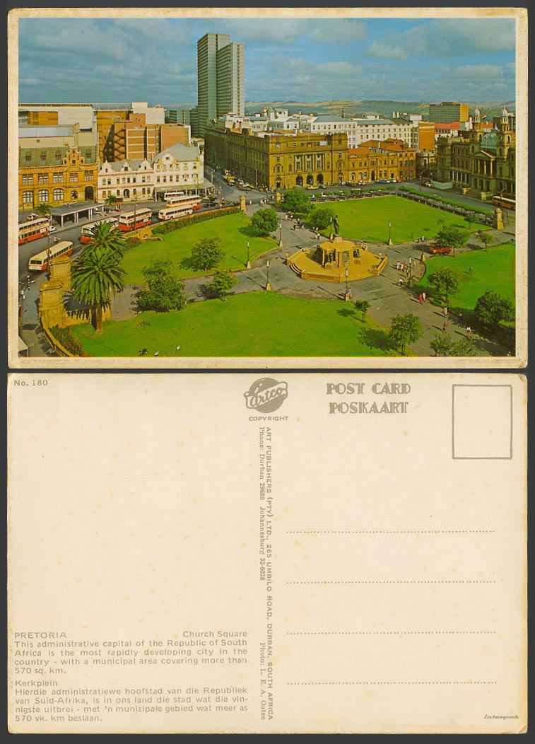 South Africa Old Color Postcard Pretoria Church Square Street Scene Statue Buses