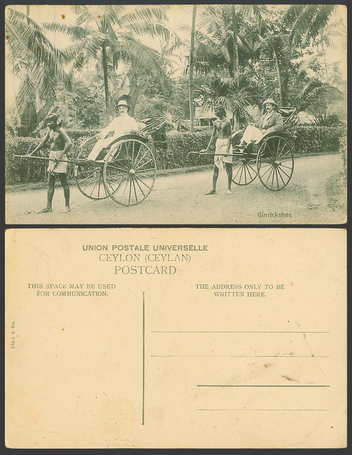 Ceylon Old Postcard Ginrickshas Western Men on Rickshaws Native Coolies Plate Co