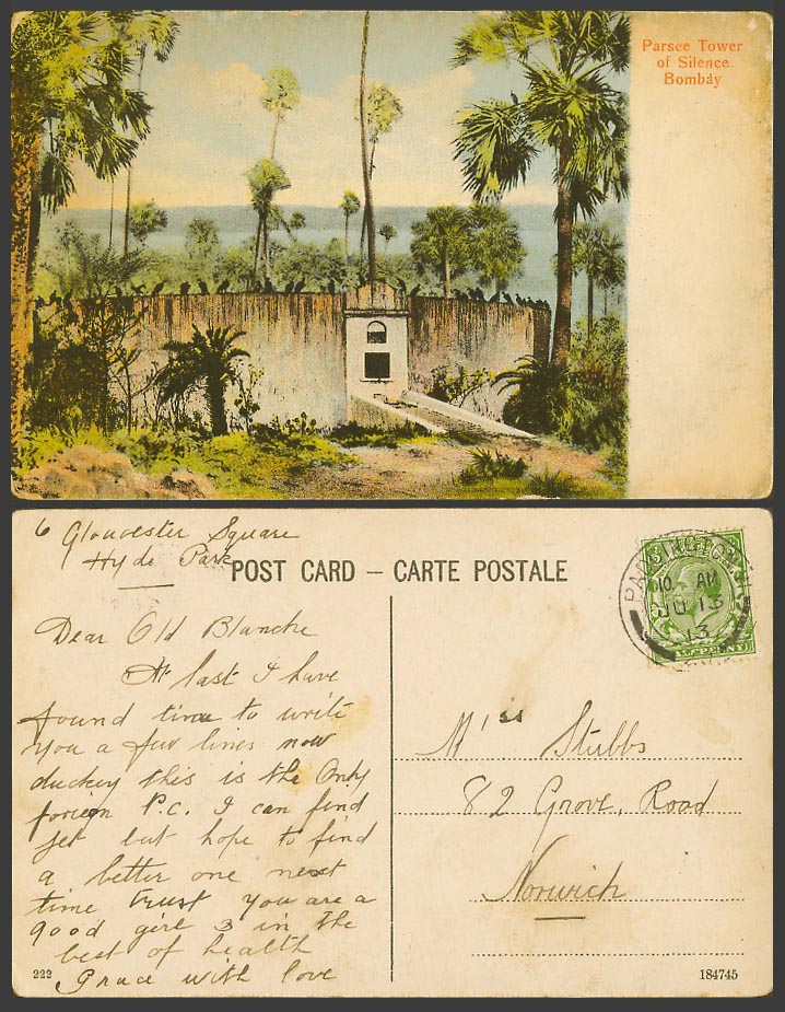 India GB KG5 1/2d 1913 Old Colour Postcard Parsee Tower of Silence Parsi, Bombay