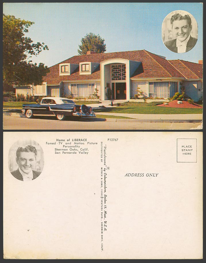 Home of Liberace Sherman Oaks Calif. San Fernando Valley CAR Old Colour Postcard