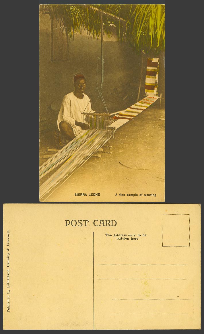 Sierra Leone Old Hand Tinted Postcard Native Weaver Man A Fine Sample of Weaving