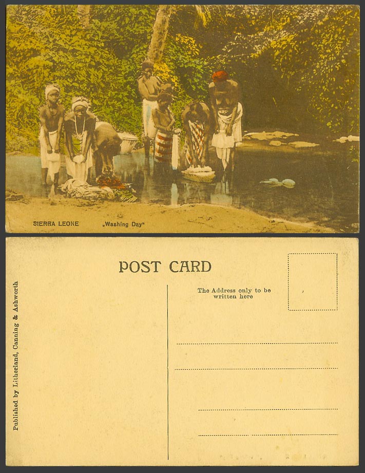 Sierra Leone Old Hand Tinted Postcard Washing Day, Native Washerwomen & Children