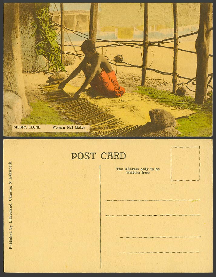 Sierra Leone Old Hand Tinted Postcard A Native Black Woman Mat Maker at Work