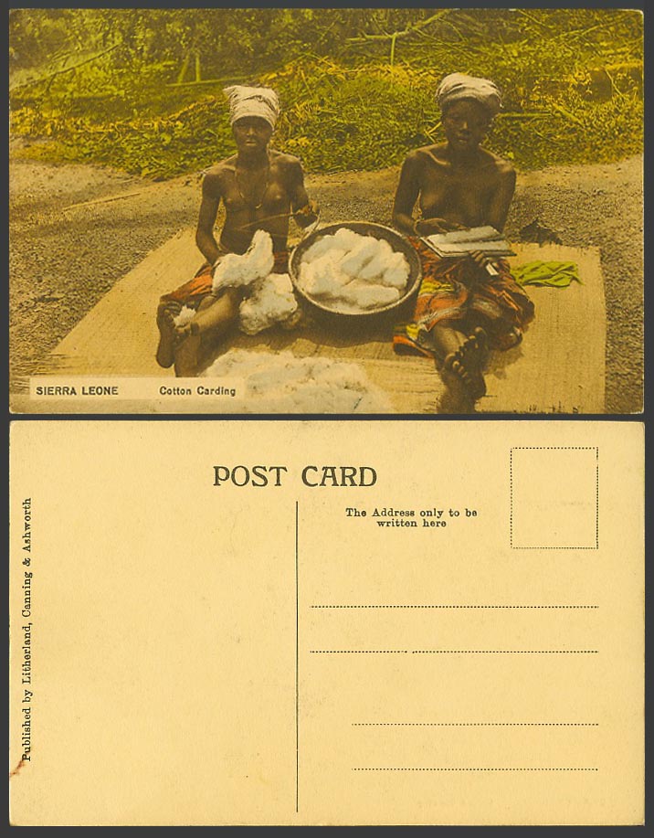 Sierra Leone Old Hand Tinted Postcard Cotton Carding, Native Women, Bare Breasts