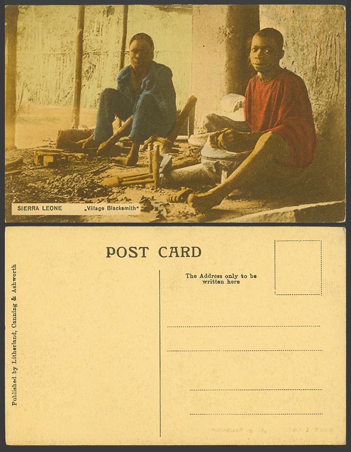 Sierra Leone Old Hand Tinted Postcard Village Blacksmith Native Black Men Africa