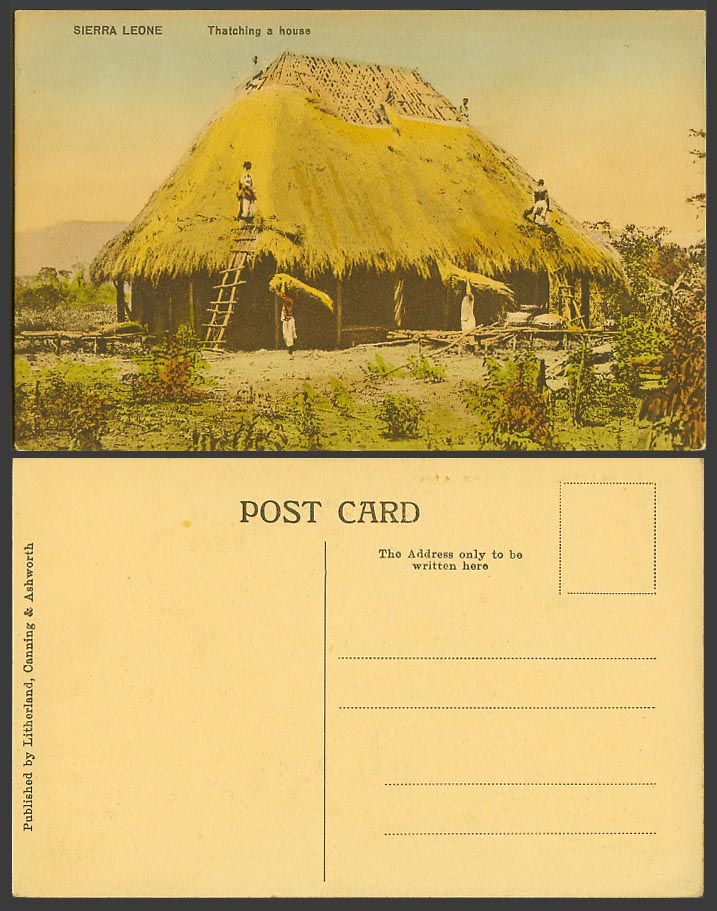 Sierra Leone Old Hand Tinted Postcard Thatching a House, Building Thatched House