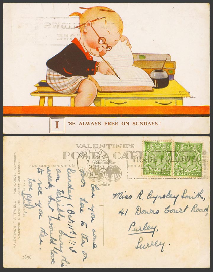MABEL LUCIE ATTWELL 1931 Old Postcard I'se Always Free on Sundays - Writing 1896