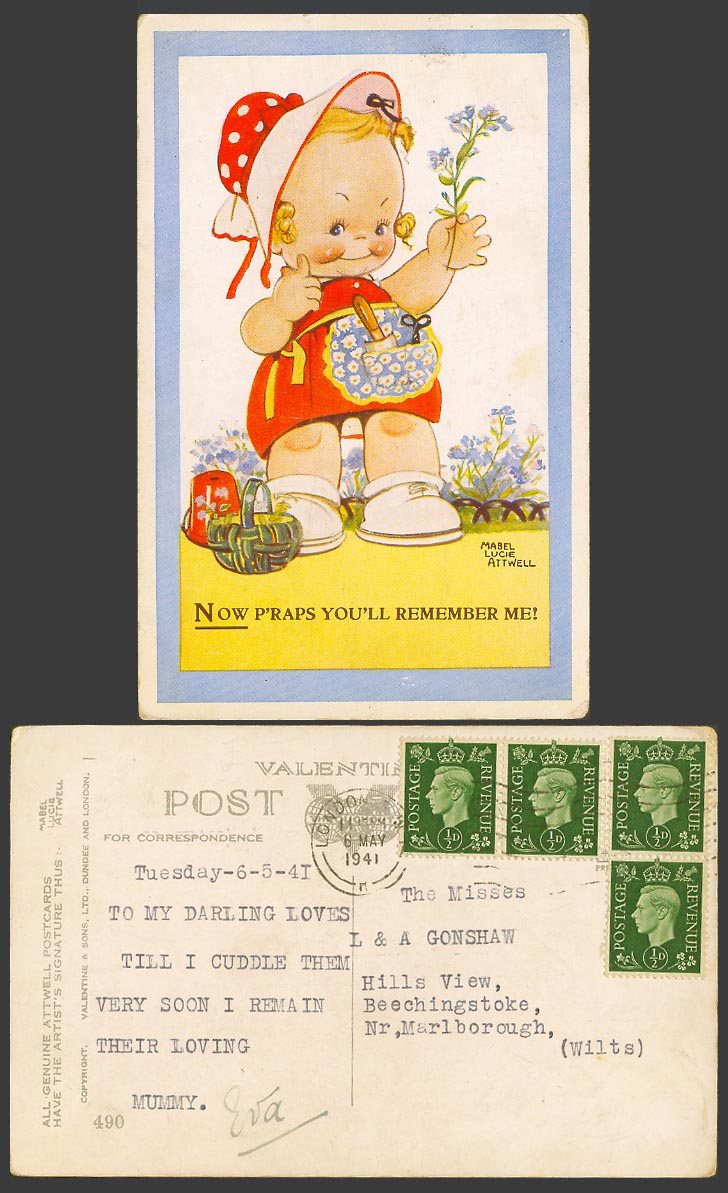 MABEL LUCIE ATTWELL 1941 Old Postcard Now P'raps you'll Remember Me! Flowers 490