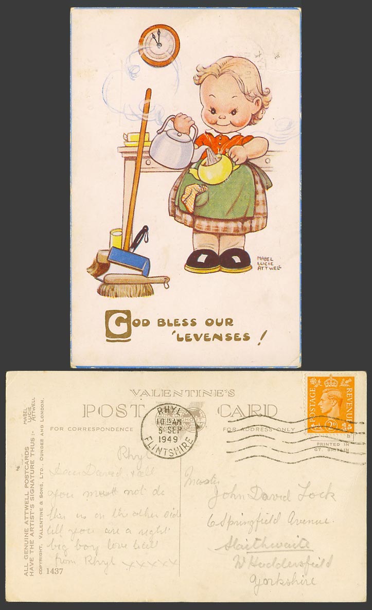 MABEL LUCIE ATTWELL 1949 Old Postcard God Bless Our Levenses! Kettle Teapot 1437