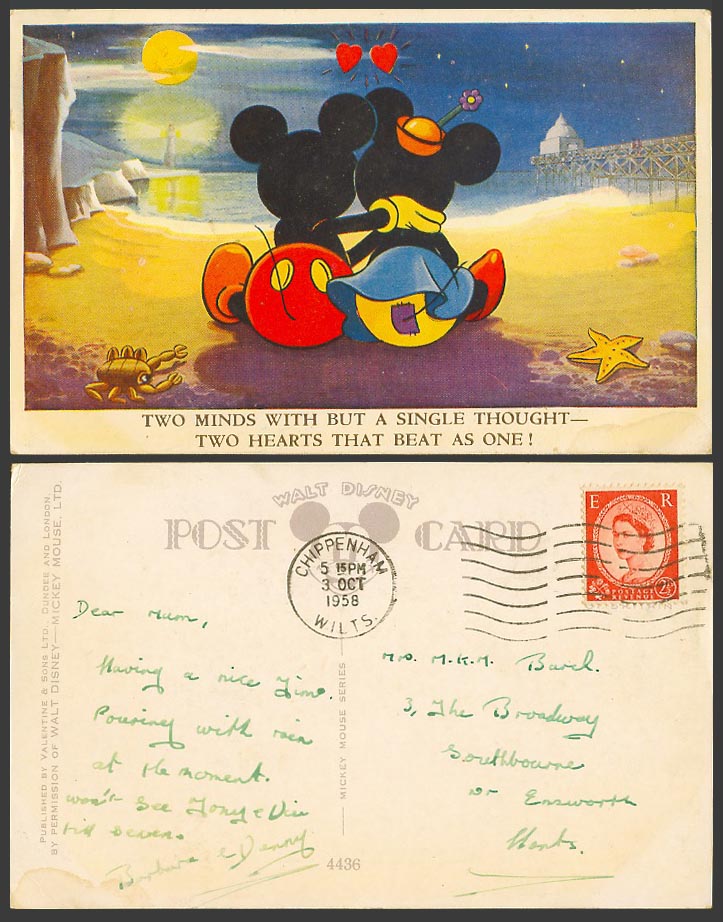 Walt Disney Minnie & Mickey Mouse, Two Hearts Beat as One 1958 Old Postcard 4436