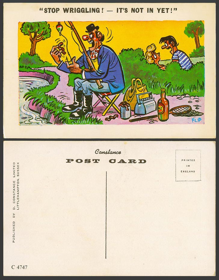 FLIP Fishing Angling Comic Old Postcard Stop Wriggling Its Not In Yet Worm Saucy