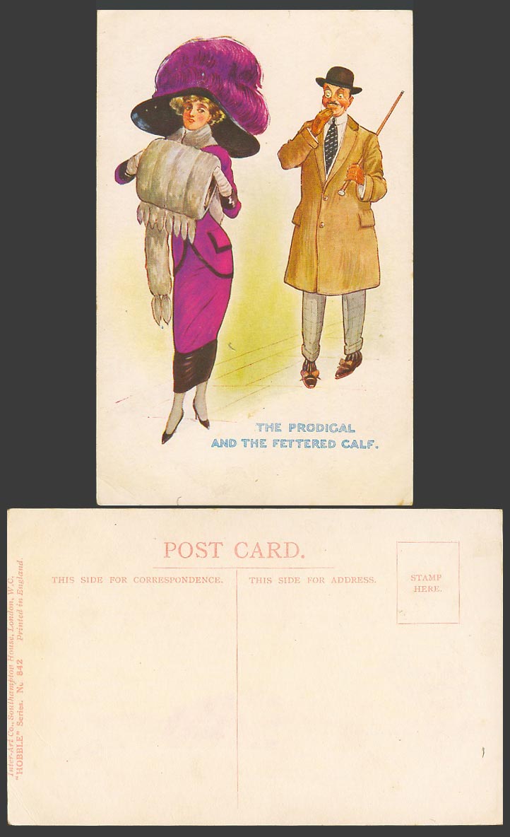 The Prodigal and The Fettered Calf Glamour Lady Big Hat Muff Hobble Old Postcard