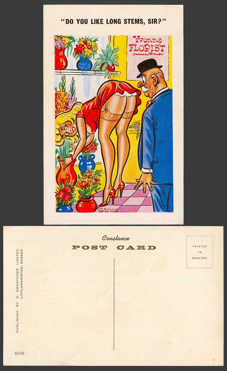 Carlos Saucy Comic Old Postcard Do You Like Long Stems, Sir? Yvonne Florist Vase