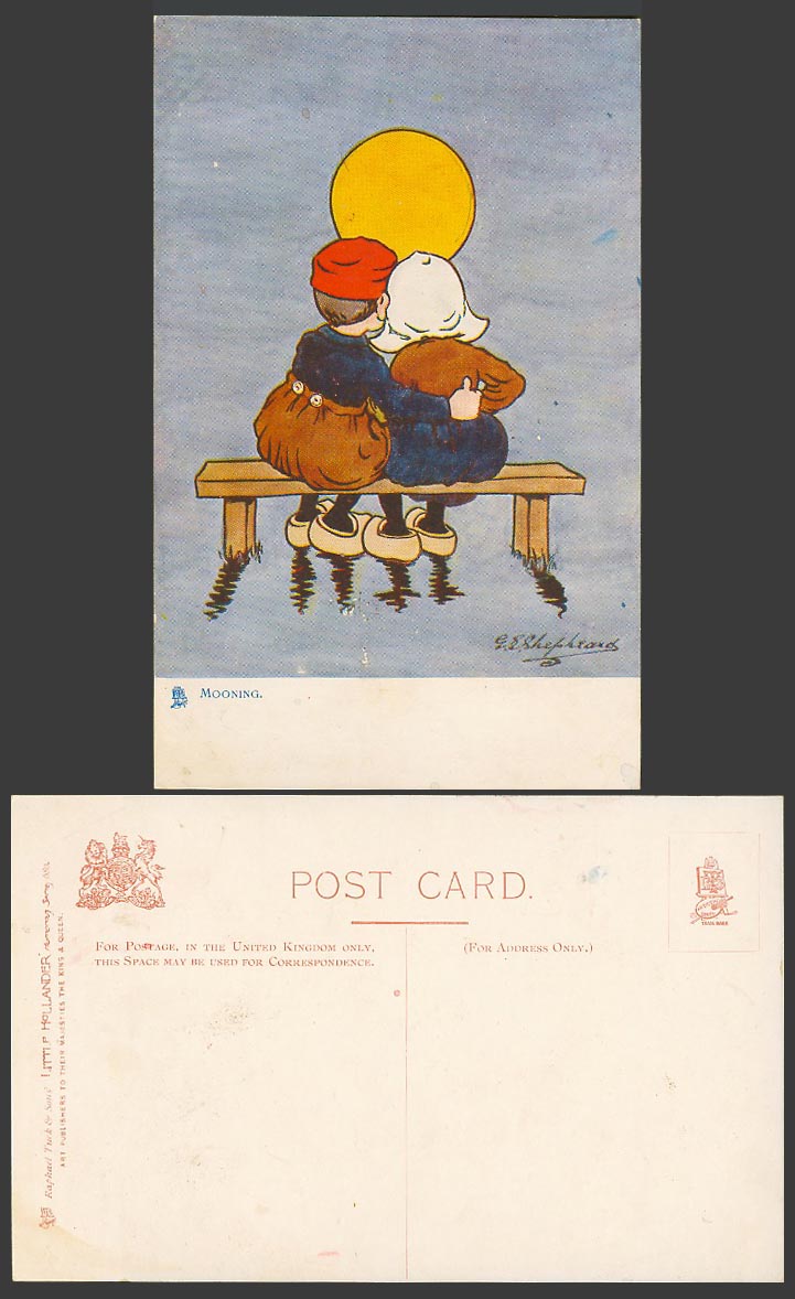 G.E. Shepheard Tuck's Little Hollander Old Postcard Dutch Boy Girl Mooning, Moon