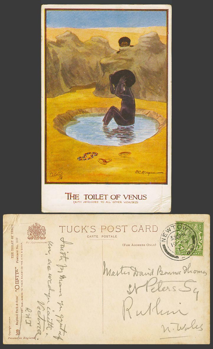 FE Morgan 1917 Old Tucks Oilette Postcard The Toilet of Venus Black Girl Bathing