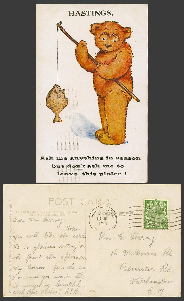 Teddy Bear, Fishing Rod, Don't Leave This Plaice Fish Hastings 1917 Old Postcard