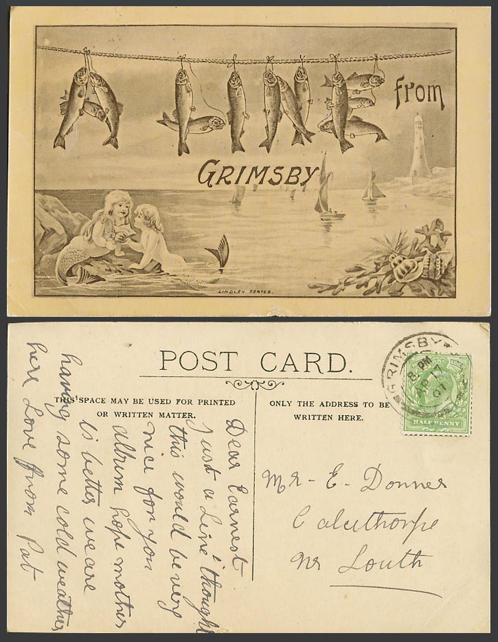 Mermaid Mermaids & Fish, From Grimsby Lighthouse Sailing Boats 1907 Old Postcard