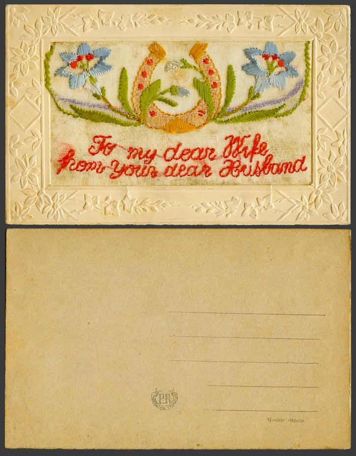 WW1 SILK Embroidered Old Postcard To My Dear Wife from Ur Dear Husband Horseshoe