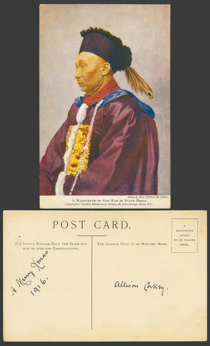China 1916 Old Colour Postcard A Chinese Magistrate of Siao Kan in State Dress