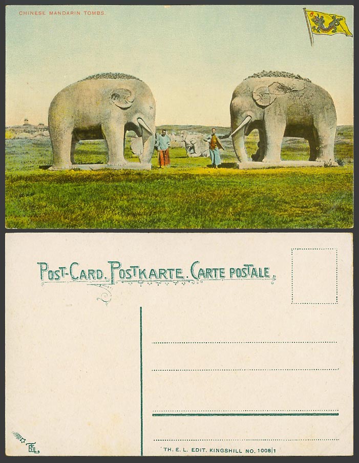 China Old Postcard Chinese Mandarin Tombs Men Stone Elephant Statues Dragon Flag