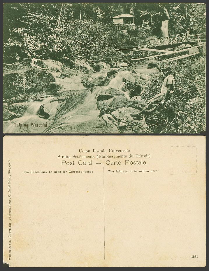 Perak TAIPING WATERFALL, Bridge, Malay Tamil Women on Rock Cascades Old Postcard