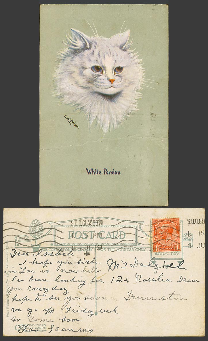 LOUIS WAIN Artist Signed White Persian Cat Kitten 1919 Old Postcard Prize Winner