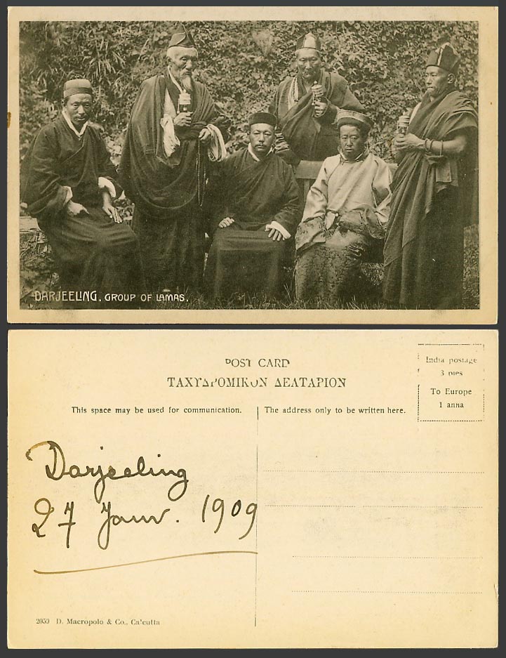 TIBET China 1909 Old Postcard Darjeeling, Group of Lamas, Prayer Wheels Costumes