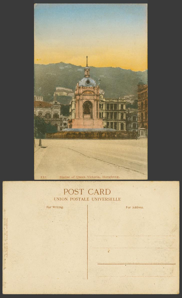 Hong Kong China Old Hand Tinted Postcard Statue of Queen Victoria & Street Scene