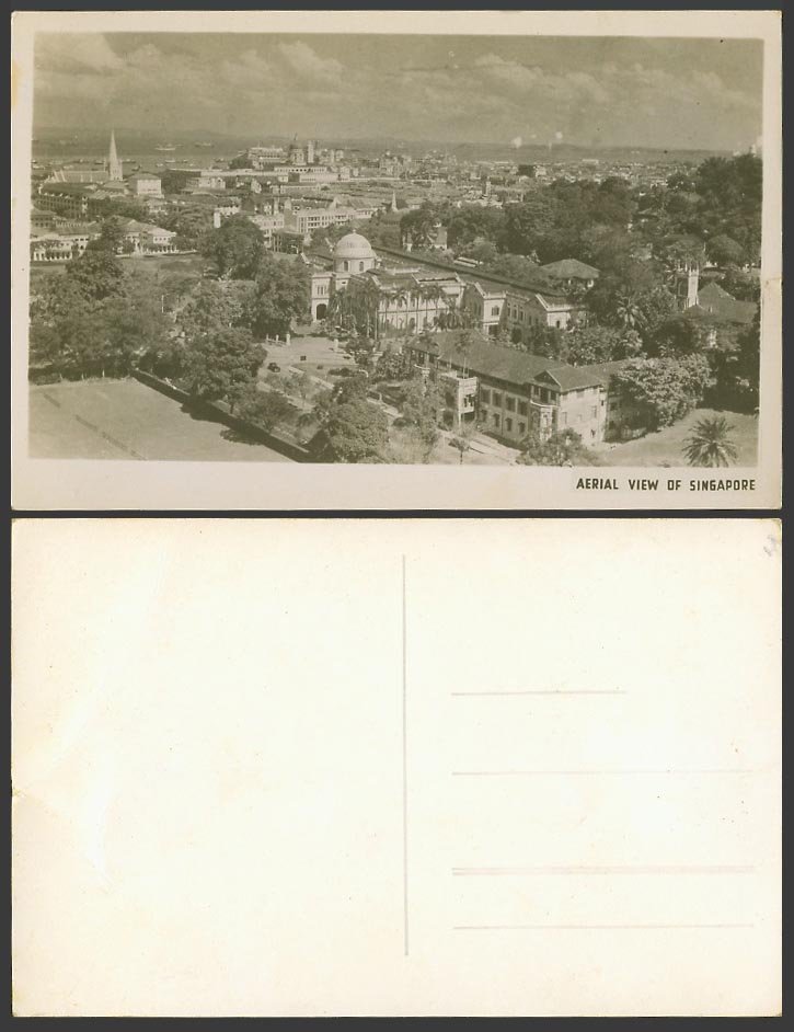 Singapore Aerial View of Old Real Photo Postcard Street Scene & Church Tower etc