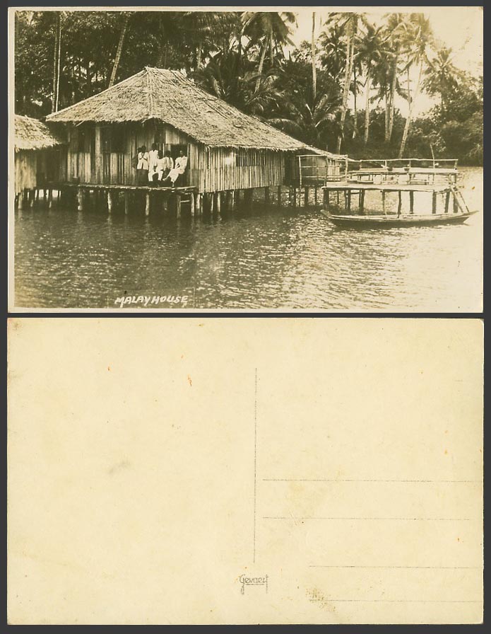 Singapore Old Real Photo Postcard Malay House on Stilts, Boat Canoe, Palm Trees