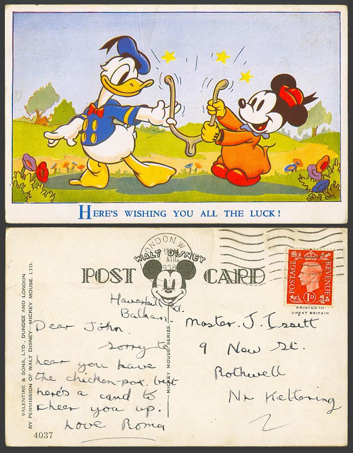Walt Disney Mickey Mouse Donald Duck Divining Rod Wishing Luck 1938 Old Postcard