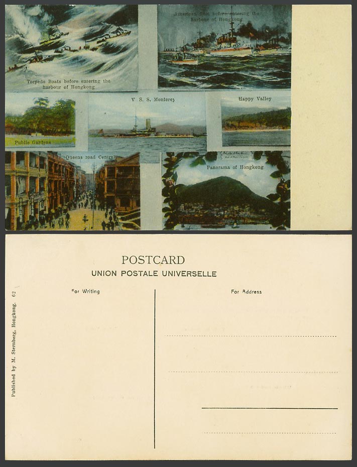 Hong Kong Old Postcard V.S.S. Monterey American Fleet Torpedo Boats Happy Valley