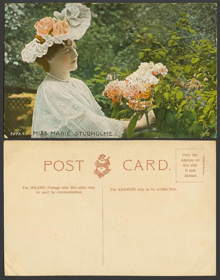 Actress Miss MARIE STUDHOLME Flowers Hat Smile Pearl Necklace Old Color Postcard