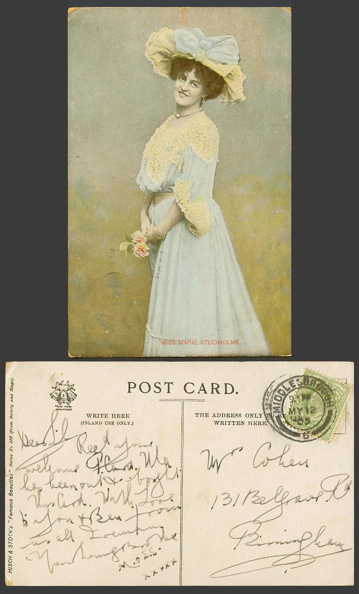 Actress Miss MARIE STUDHOLME Holding Flowers Blue Dress 1905 Old Colour Postcard