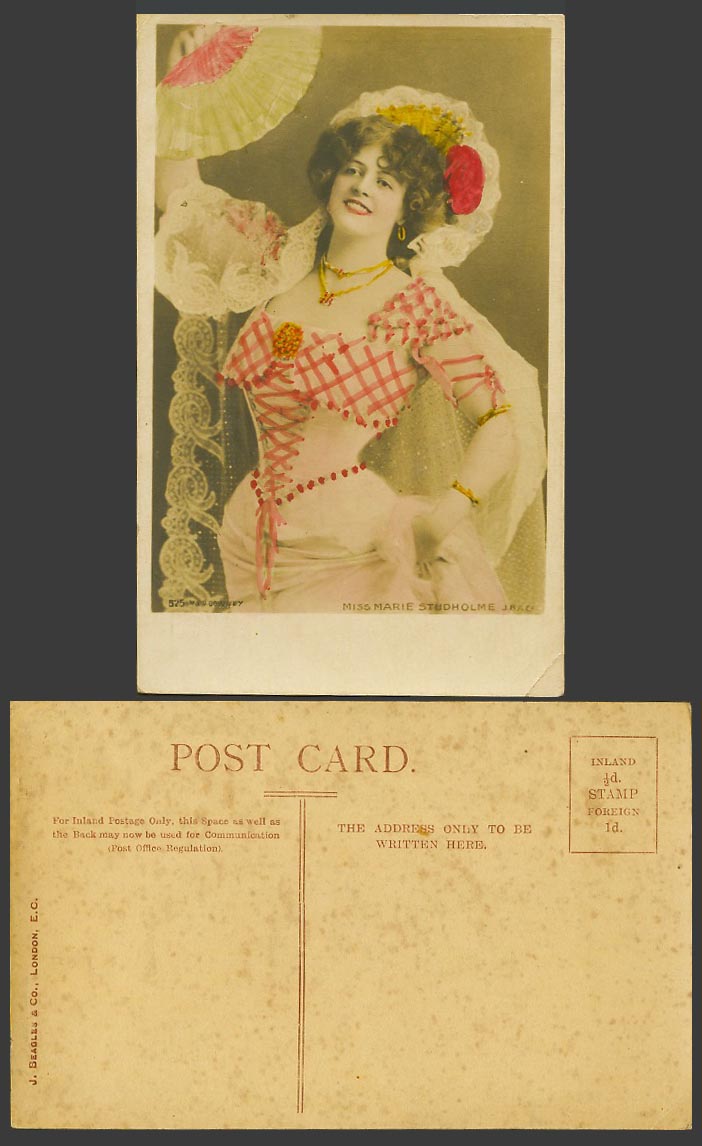 Actress Miss MARIE STUDHOLME Holding a Fan Glamor Old Real Photo Colour Postcard