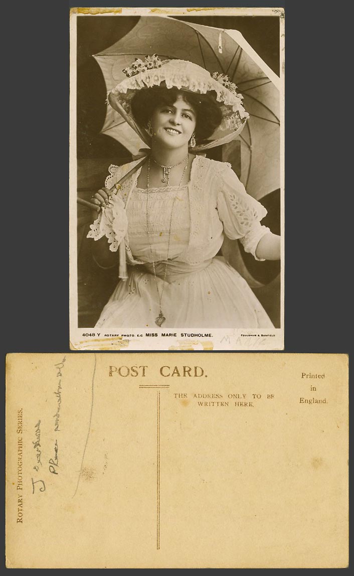 Edwardian Actress Miss MARIE STUDHOLME with Umbrella or Parasol Hat Old Postcard