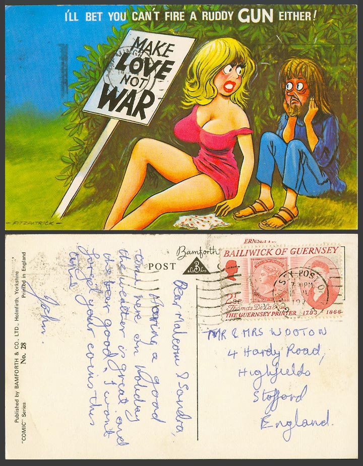 Fitzpatrick 1971 Postcard Make Love Not War, Bet You Can't Fire Ruddy Gun Either